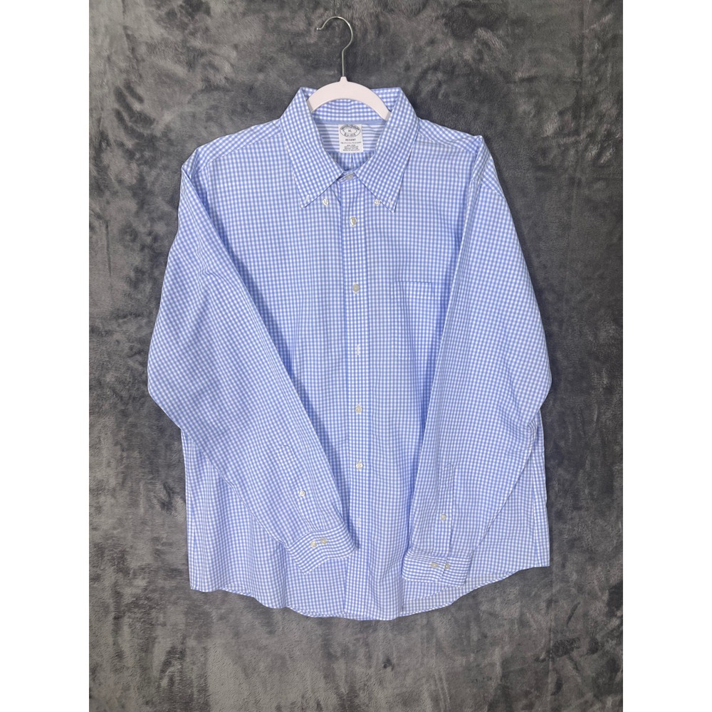 Brooks Brothers Regent Fit Gingham Supima Cotton Non-Iron Shirt Blue White XL